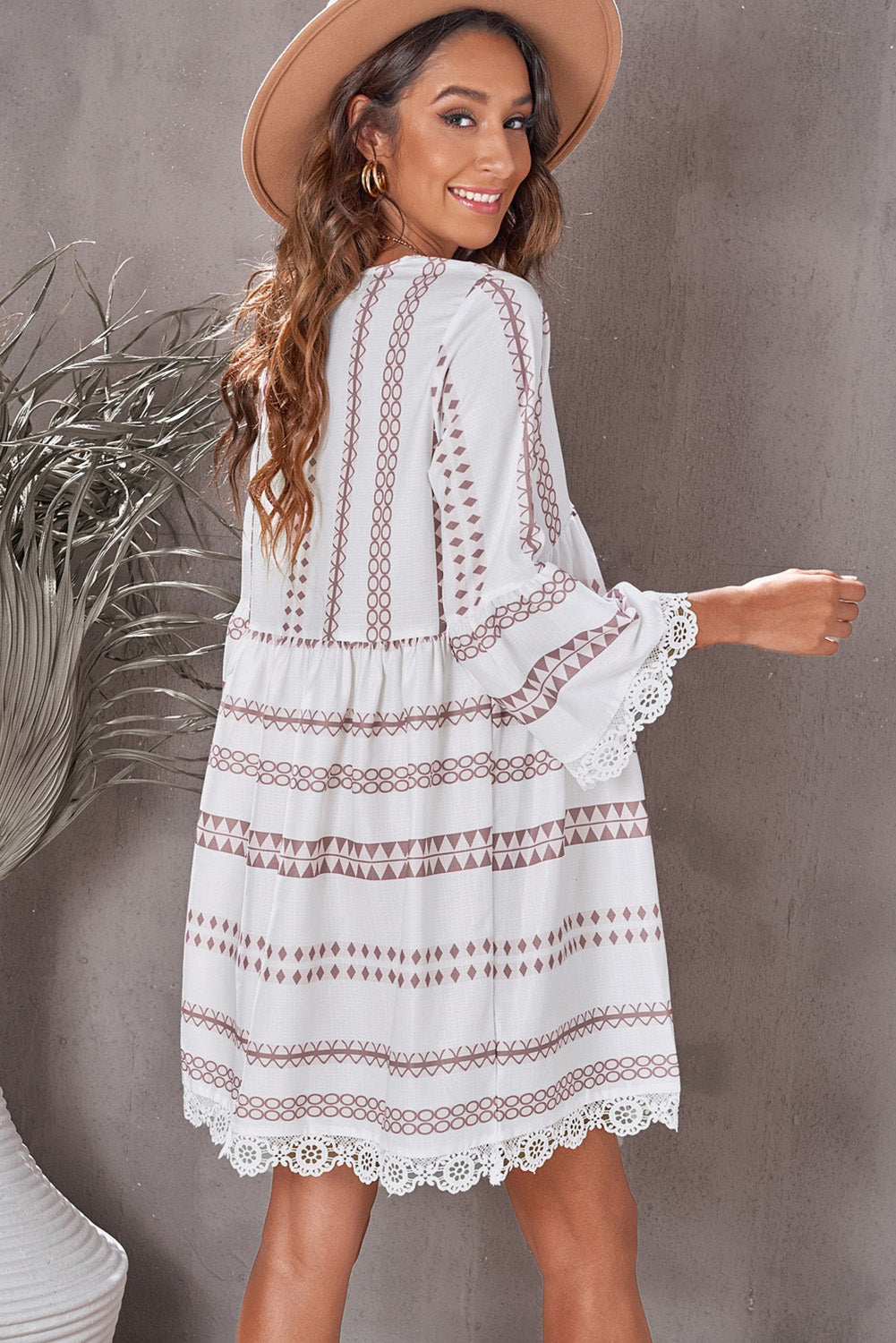 Geometric Print Lace Trim Three-Quarter Sleeve Dress