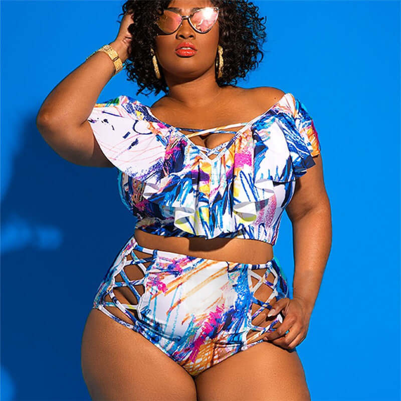 Cross-border new split swimsuit European and American ladies large size high waist print plus fat bikini one-shoulder multi-rope swimsuit