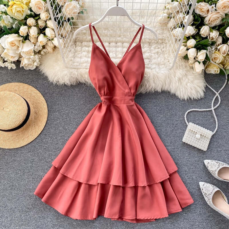 FMFSSOM Summer Spring Beach Holiday V-Neck Backless Lace Up Ruffles Cakes Solid Elegant Women Lady A-line High Waist Dress