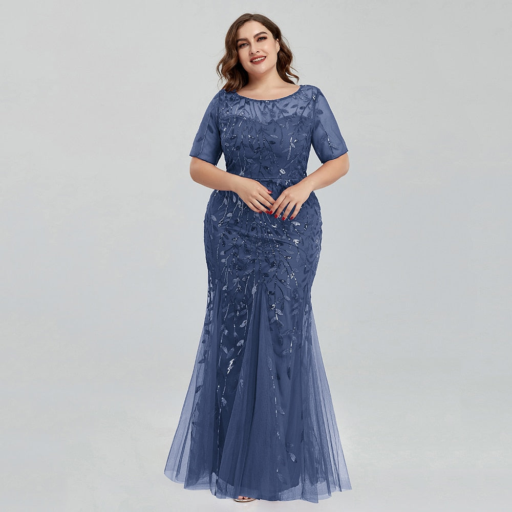 Plus Size Sequin Mesh Mermaid Slim Evening Dress Beaded Leaves Pattern Formal  Women Elegant Party Prom Gowns Short Sleeve