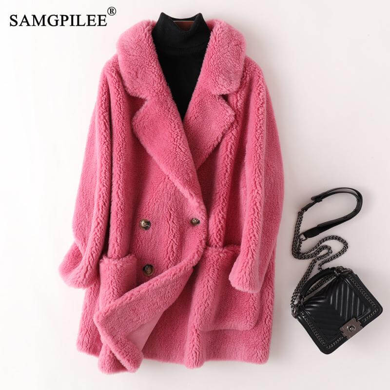 Real Fur Coat High Quality Australian Womens Wool Coats Thick Warm Elegant Loose Large Size Long Outwear Winter Coat For Women