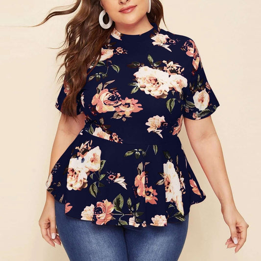 Mock Neck Floral Print Tops Women Plus Size Spring Summer Boho Casual Peplum Slim Fit Blouse Short Sleeve Female Tops