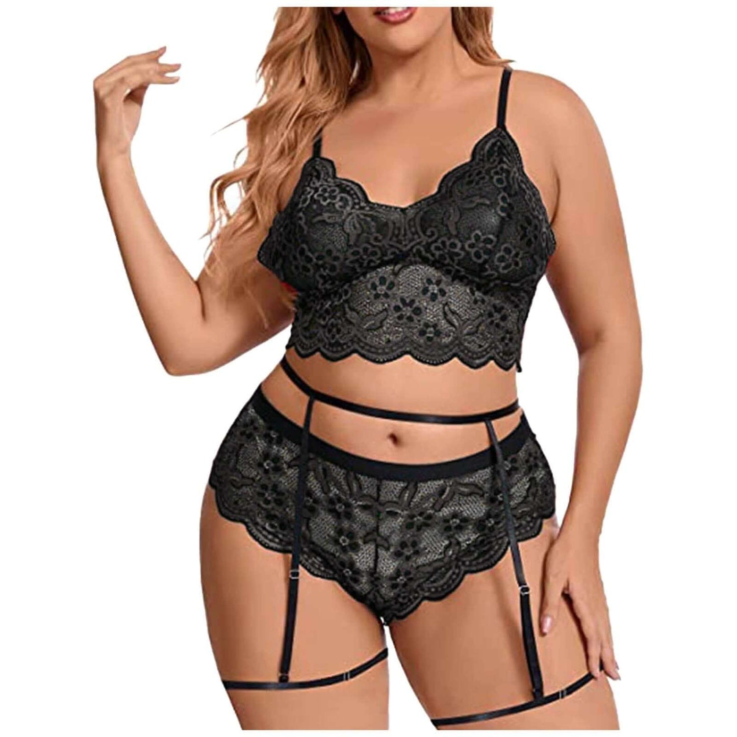 Plus Size Women Sexy Lingerie Set Embroidery Lace Bra And Thongs Underwear Set Perspective Mesh Floral Erotic Lingerie Sexy