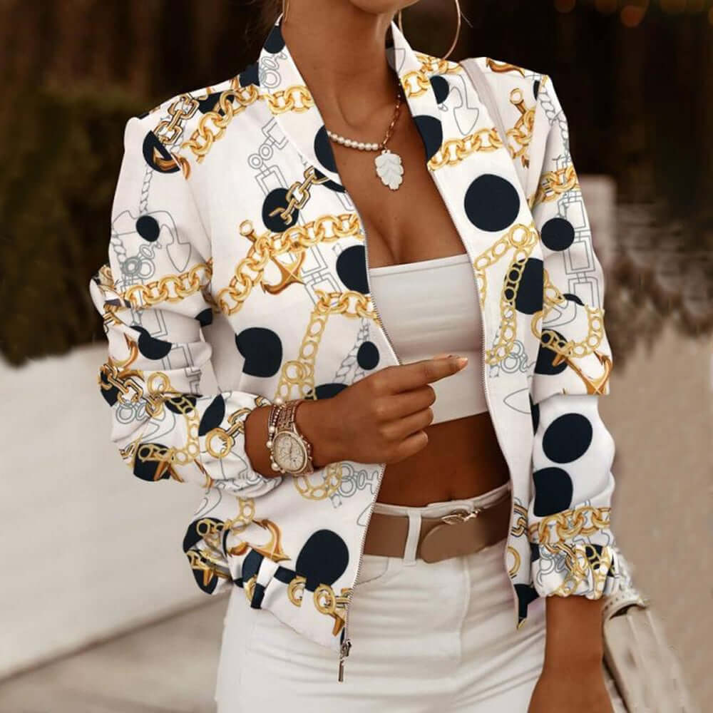 Spring Autumn Casual Thin Jacket Vintage Print Tops Women Fashion Long Sleeve Zipper Ladies Jackets Coat Woman Veste Femme