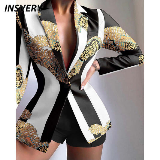 Fashion Two Piece Set Women Turn Down Collar Long Sleeve Jacket Shorts Set Sexy Women Outfits Button Design Autumn Women Sets