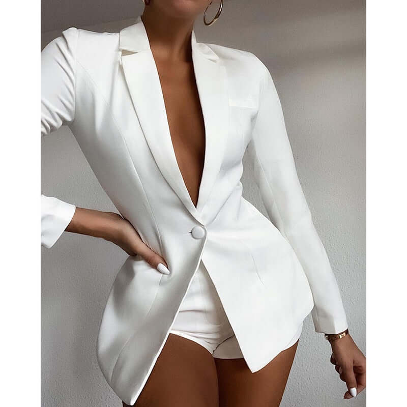 Fashion Two Piece Set Women Turn Down Collar Long Sleeve Jacket Shorts Set Sexy Women Outfits Button Design Autumn Women Sets