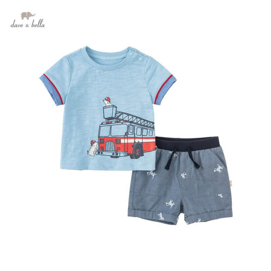 DBA16206 dave bella baby boys summer casual cartoon print clothing sets kids boy fashion short sleeve sets children 2 pcs suit