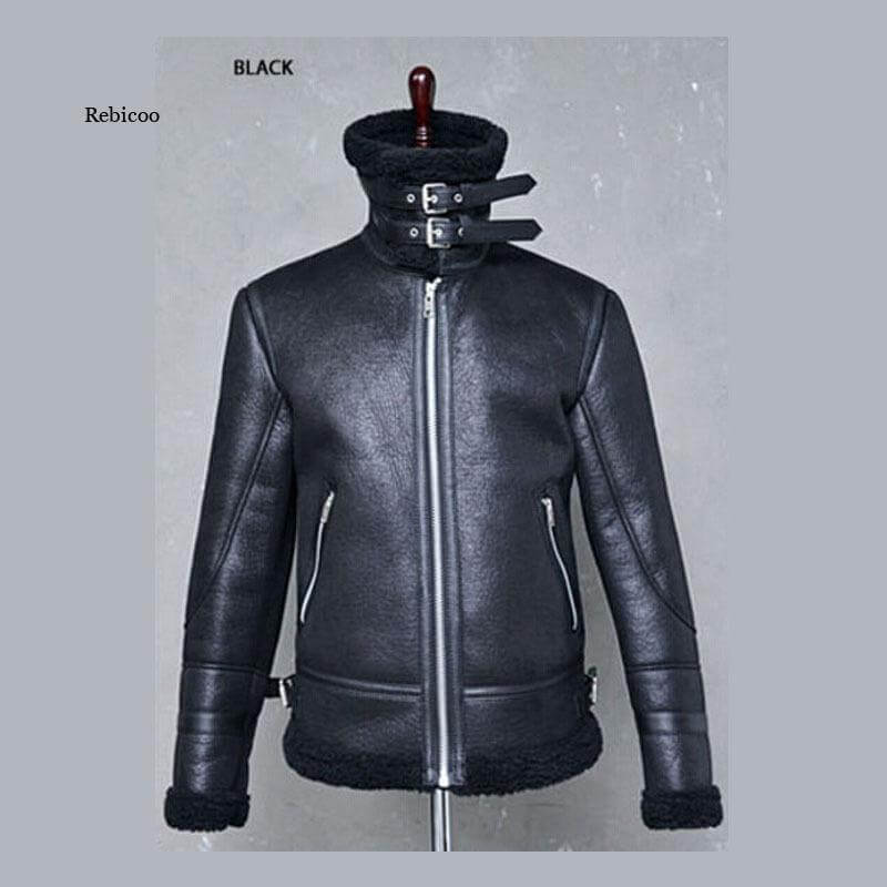 Men Jacket Winter Fur Belt Faux Leather High Neck Shearling Coat Wool Lining Long Sleeve Mens Leather Bomber Coats