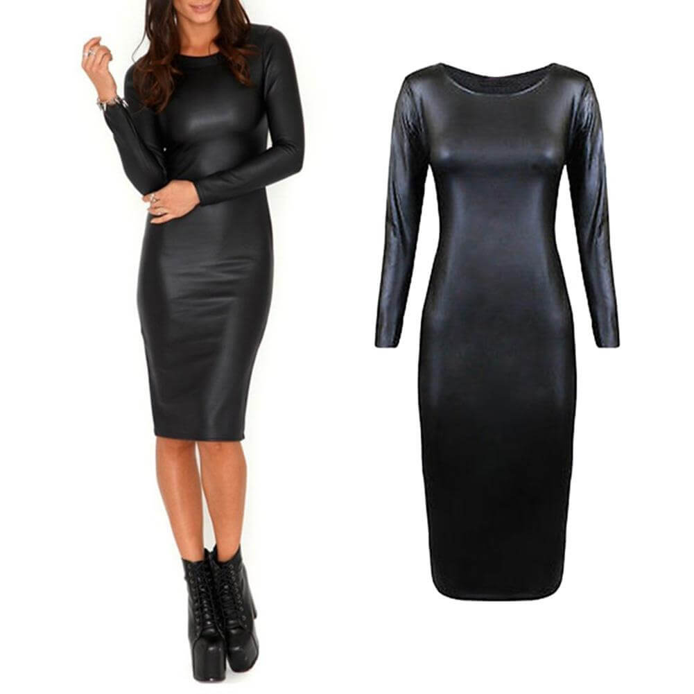 Black Faux Leather Office Lady Dress Suits Women Costumes Bodycon Midi Dress Spring Autumn