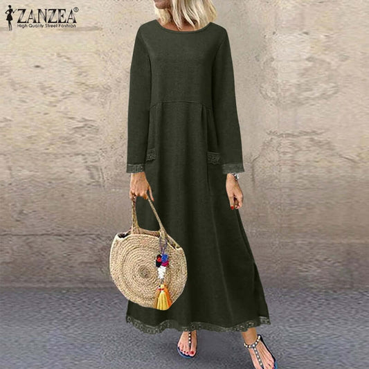 Fashion Women's Autumn Sundress ZANZEA 2022 Lace Patchwork Sweatshirts Dress Female Hoodies  Maxi Vestidos Pullover