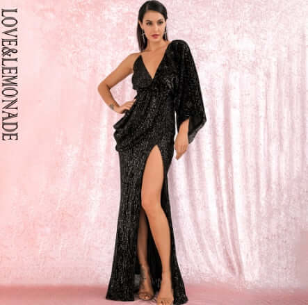 LOVE&LEMONADE Sexy Rose Gold V-Neck Single Sleeve Sequins Split Party Maxi Dress LM81848