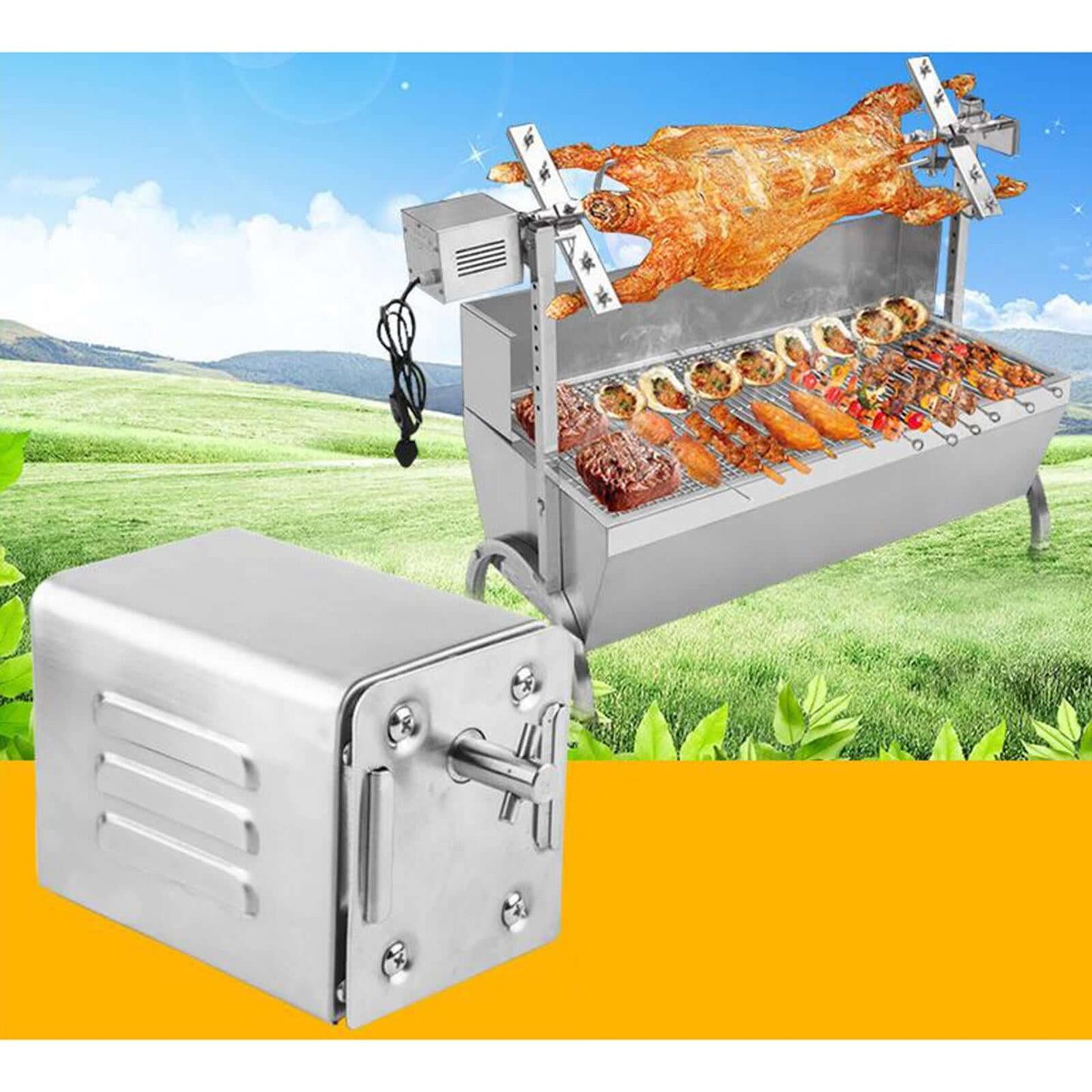 70KG Electric BBQ Grill Rotating Motor Pig Lamb Goat Chicken Charcoal BBQ Grill Outdoors Roaster Barbecue Motor 110V 15W