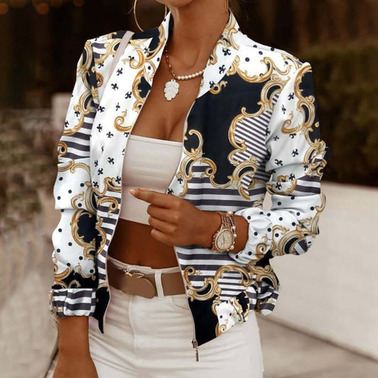 Spring Autumn Casual Thin Jacket Vintage Print Tops Women Fashion Long Sleeve Zipper Ladies Jackets Coat Woman Veste Femme