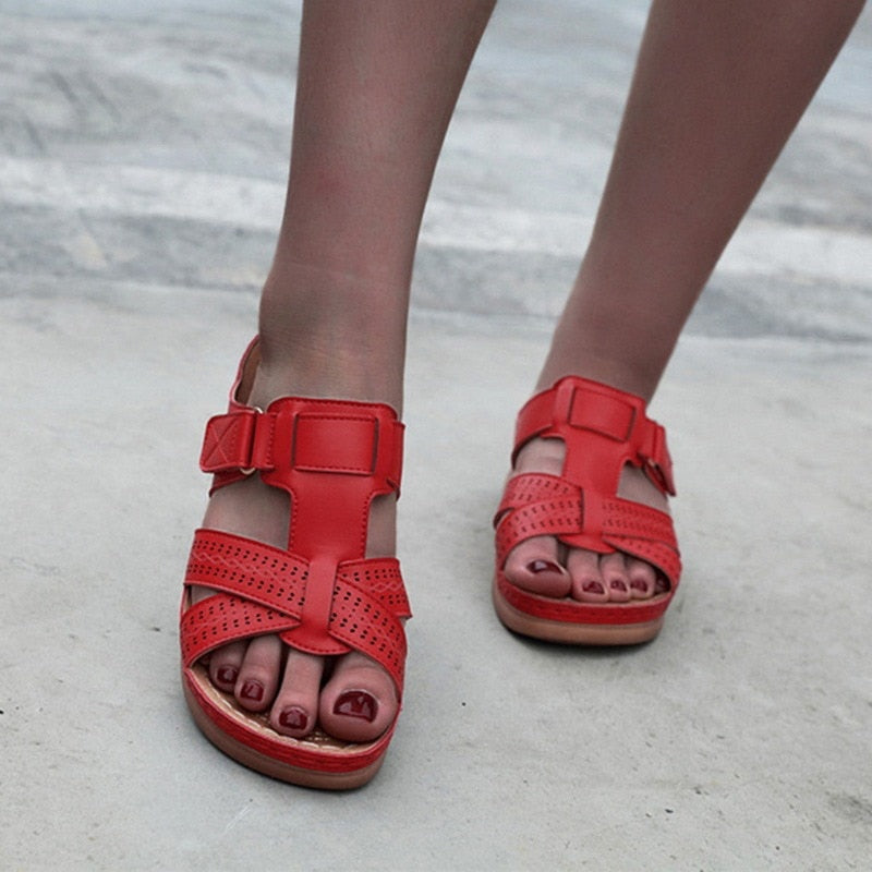 New Women Summer Orthopedic Sandals Women Car Line Slides Open Toe Sandals Breathable Leather Casual Female Platform Retro Shoe