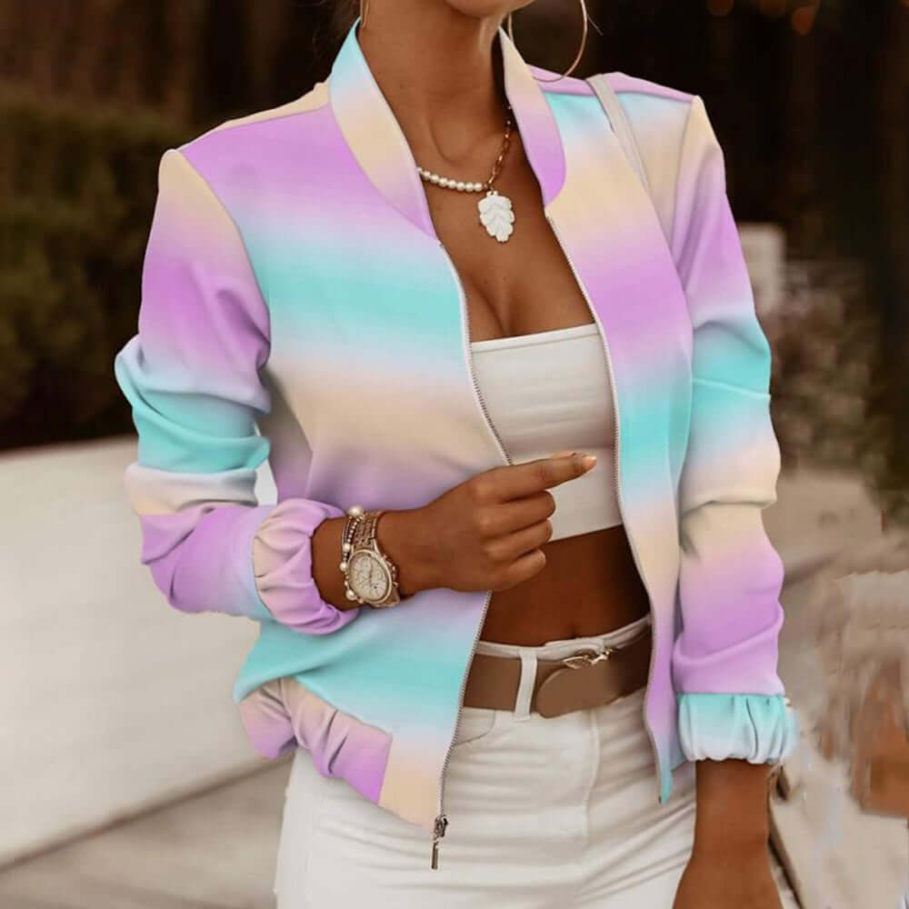 Spring Autumn Casual Thin Jacket Vintage Print Tops Women Fashion Long Sleeve Zipper Ladies Jackets Coat Woman Veste Femme