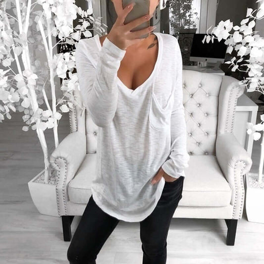 Autumn Women Korean T Shirt Basic V Neck Long Sleeve Fitted Plain Top Solid Stretch Shirt Clothing Tops Slim T Shirts