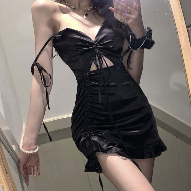 Sexy Black Ruched Satin Mini Dress