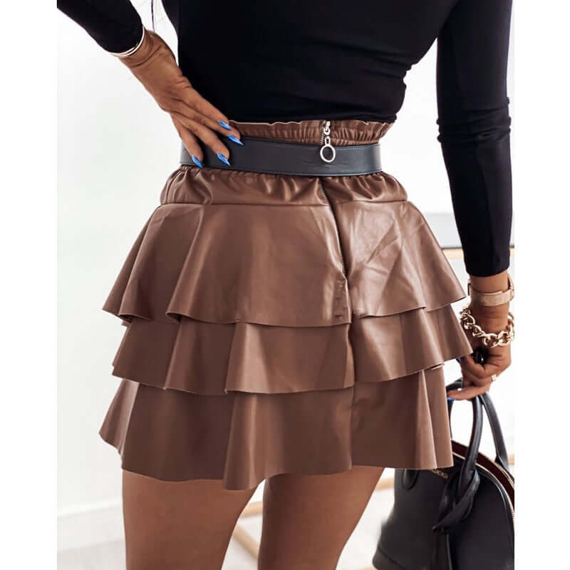 New Elegant PU Leather Skirt Women 2021 Spring Mini Short Skirt Ruffles High Waist Sexy Skirt Black Pleated Skirt A-Line Skirt