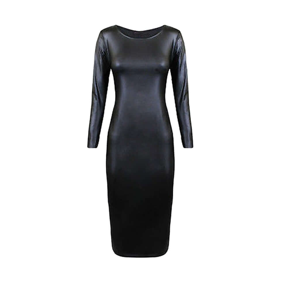 Black Faux Leather Office Lady Dress Suits Women Costumes Bodycon Midi Dress Spring Autumn