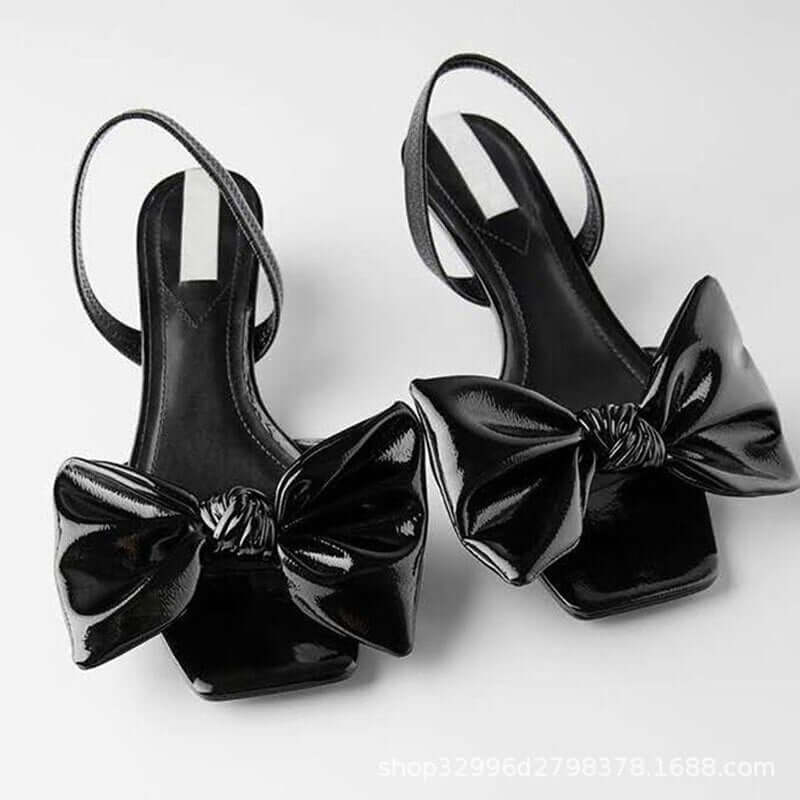 2022 Brand Summer Simple Bow Tie Back Strap Patent Leather Mid-heel Sandals Women Open-toed Stiletto Fashion Sandals Black