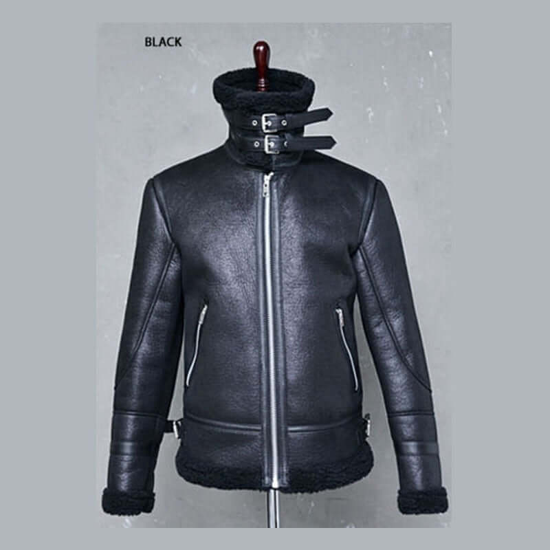 Men Jacket Winter Fur Belt Faux Leather High Neck Shearling Coat Wool Lining Long Sleeve Mens Leather Bomber Coats