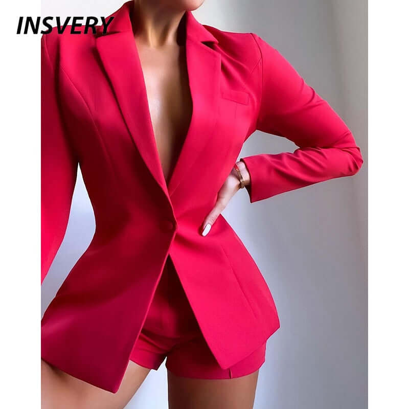 Fashion Two Piece Set Women Turn Down Collar Long Sleeve Jacket Shorts Set Sexy Women Outfits Button Design Autumn Women Sets