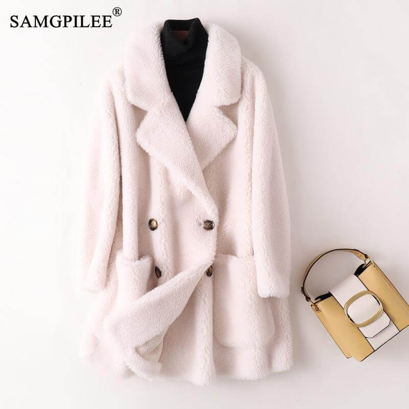 Real Fur Coat High Quality Australian Womens Wool Coats Thick Warm Elegant Loose Large Size Long Outwear Winter Coat For Women