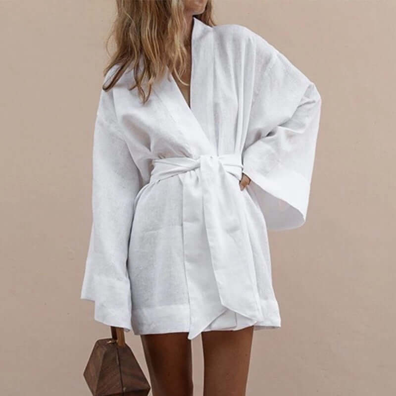 Women's V-Neck Kimono Cardigan Mini Dress Cotton Linen Long Sleeve Sashes Dresses Robe Style Lace Up Summer Loose Vestidos