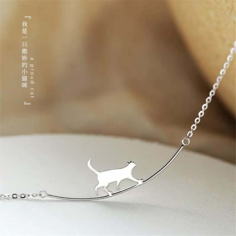 New Fashion Cat Curved Simple Personality 925 Sterling Silver Jewelry Cute Animal Walking Cat Clavicle Chain Necklaces N090