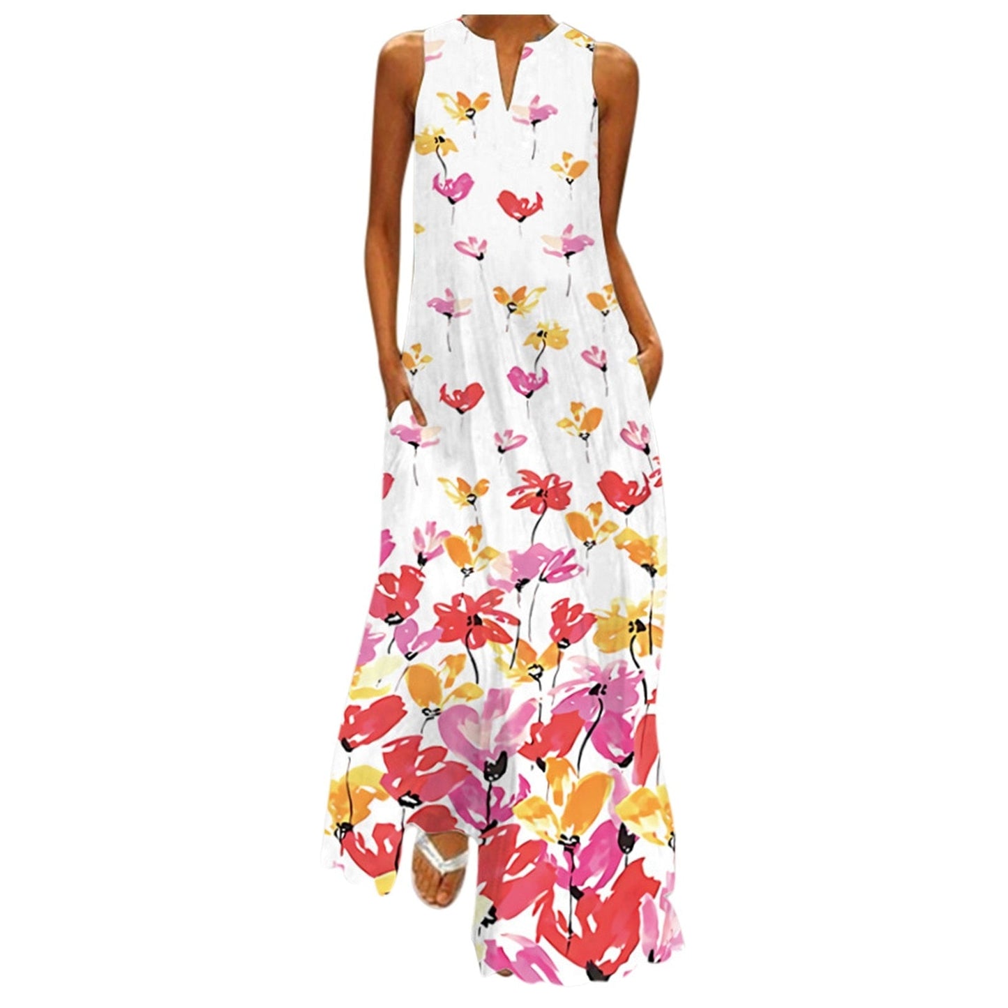 New Fashion Women Summer Dresses Floral Print Sleeveless V-Neck Maxi Dress Summer Party Vest Dress With Pockets Vestidos
