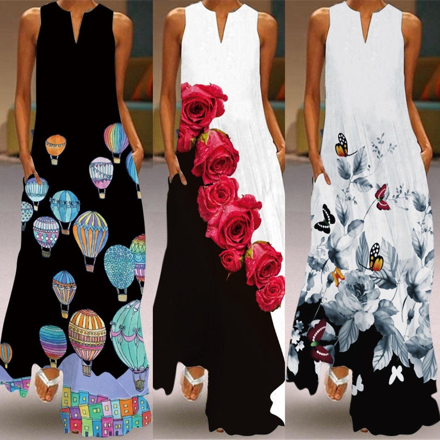 New Fashion Women Summer Dresses Floral Print Sleeveless V-Neck Maxi Dress Summer Party Vest Dress With Pockets Vestidos