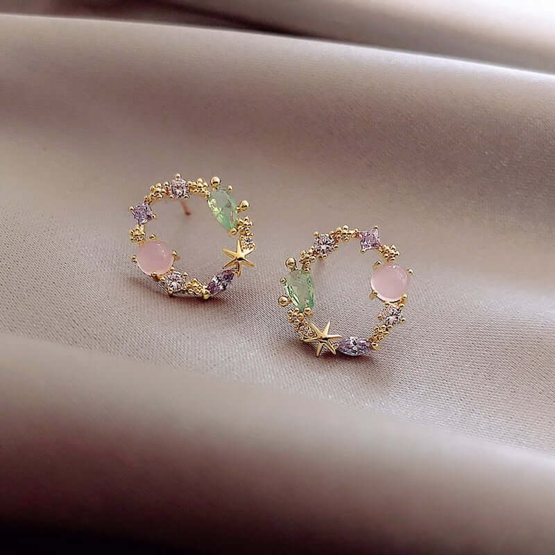 New Arrival Classic Round Pink Green Crystal Stud Earrings Sweet Flower Cirlce Jewelry