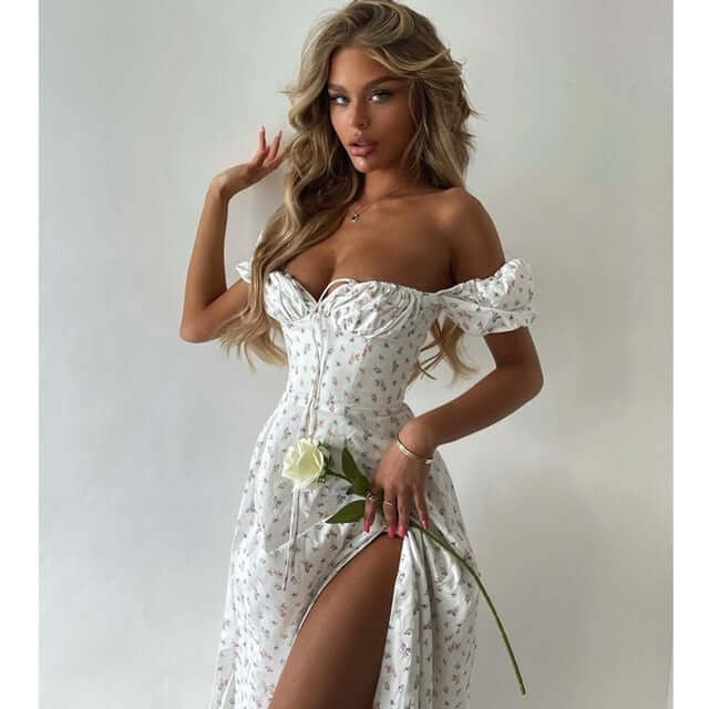 Summer Dress Women Short Puff Sleeve Flroal Printed Ruched Party High Split Long Maxi Dresses Drawstring Sexy Vestidos Sundress