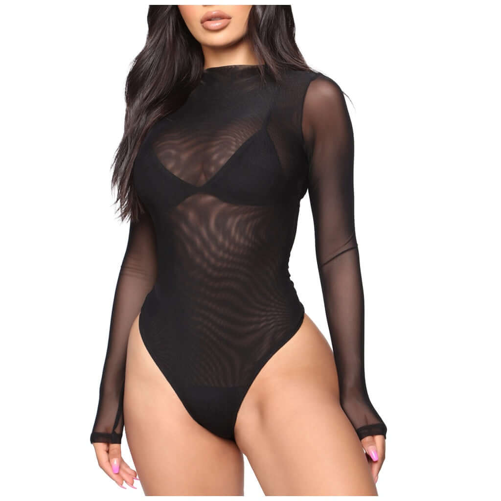 Giftable Sexy Lace Mesh Long Sleeve Bodysuit