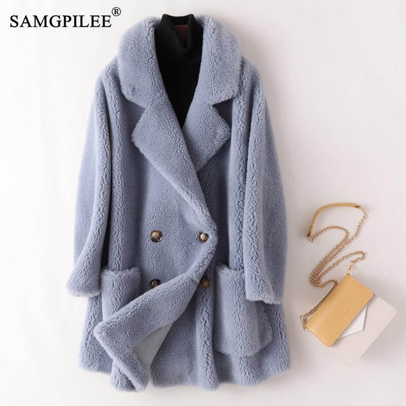 Real Fur Coat High Quality Australian Womens Wool Coats Thick Warm Elegant Loose Large Size Long Outwear Winter Coat For Women