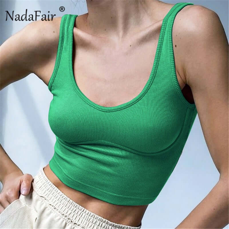 Nadafair Ribber Knitted Tops Femme O Neck Summer Basic Shirts White Black Casual Sport Vest Off Shoulder Green Women's Tank Top