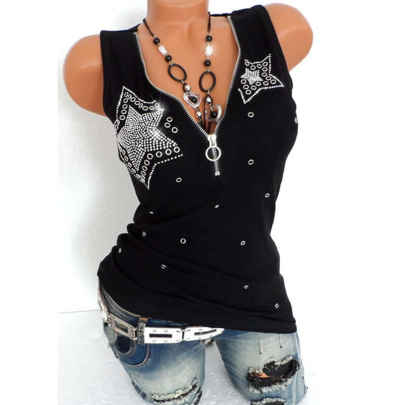 Harajuku Casual Sexy Tank Top Tee Fashion Diamonds T Shirt Women Shirts Tshirt Summer T-Shirt Tee Shirt Woman Zip V neck Tops