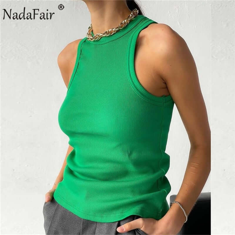 Nadafair Ribber Knitted Tops Femme O Neck Summer Basic Shirts White Black Casual Sport Vest Off Shoulder Green Women's Tank Top