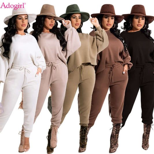 Adogirl Tracksuits Women Solid Two Piece Set Lantern Sleeve Loose Sweatshirts Tops Drawstring Pockets Sweatpants Jogging Suits