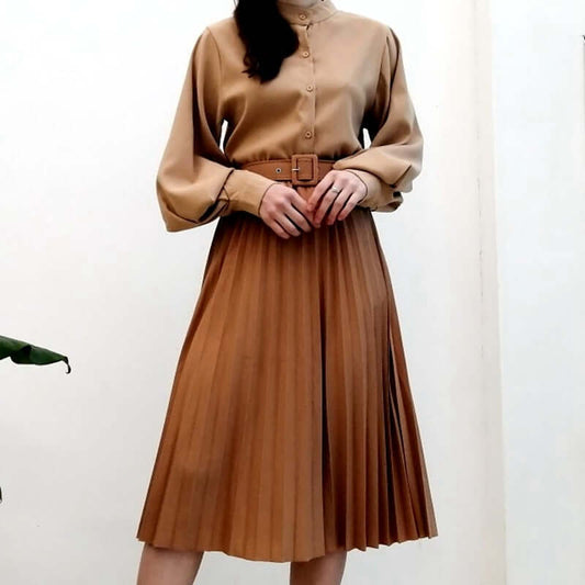 High Waist Women Skirt Casual Vintage Solid Belted Pleated Midi Skirts Lady 19 Colors Fashion Simple Saia Mujer Faldas