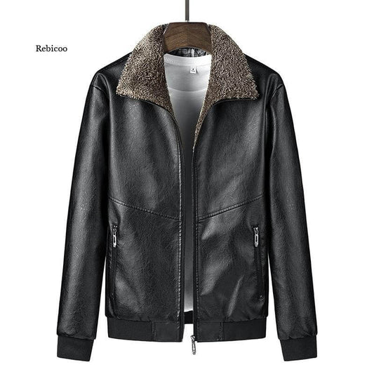 Winter Warm Men's Leather Jackets Thick Leather Casual Jacket Men's Coats Faux Fur Collar Men Pu Windproof Jacket Outerwear