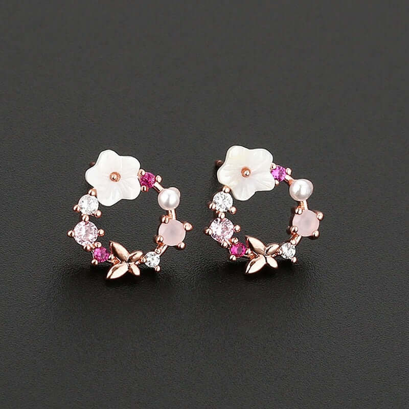 New Arrival Classic Round Pink Green Crystal Stud Earrings Sweet Flower Cirlce Jewelry