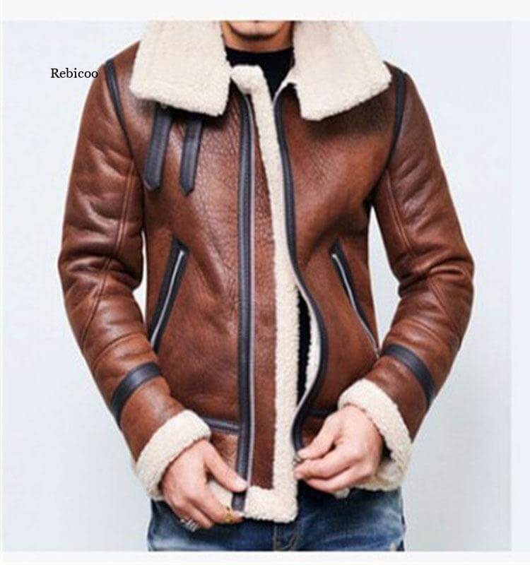 Men Jacket Winter Fur Belt Faux Leather High Neck Shearling Coat Wool Lining Long Sleeve Mens Leather Bomber Coats