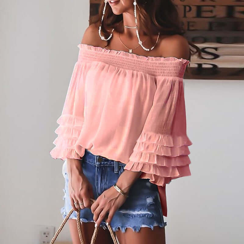 Eti Off Shoulder Summer Tshirt Women Long Sleeve Shirt Women Blouse Solid Ruffle Sleeve Slash Neck Sexy Shirts For Women Tops