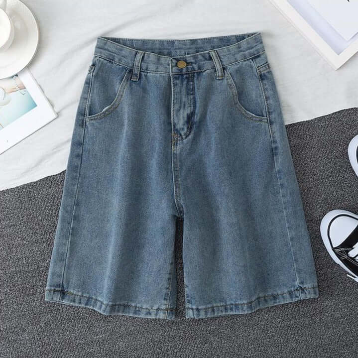 Summer Light Blue Wide Leg Denim Shorts