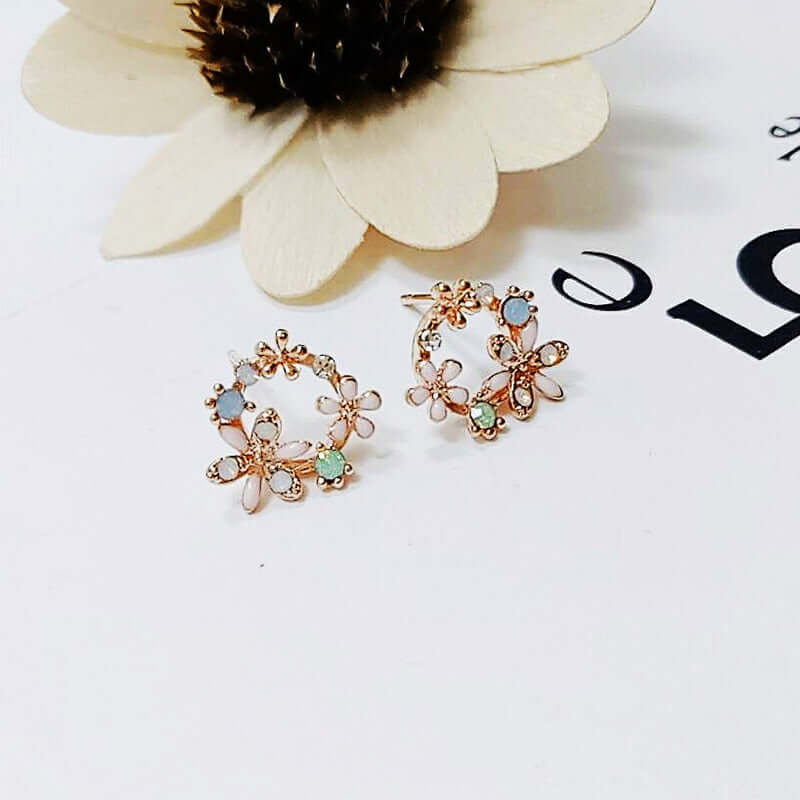 New Arrival Classic Round Pink Green Crystal Stud Earrings Sweet Flower Cirlce Jewelry