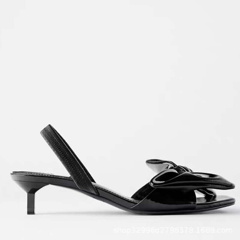 2022 Brand Summer Simple Bow Tie Back Strap Patent Leather Mid-heel Sandals Women Open-toed Stiletto Fashion Sandals Black