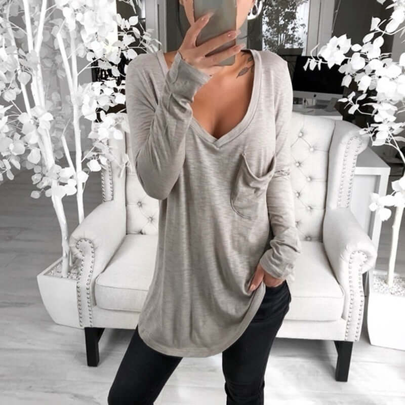 Autumn Women Korean T Shirt Basic V Neck Long Sleeve Fitted Plain Top Solid Stretch Shirt Clothing Tops Slim T Shirts