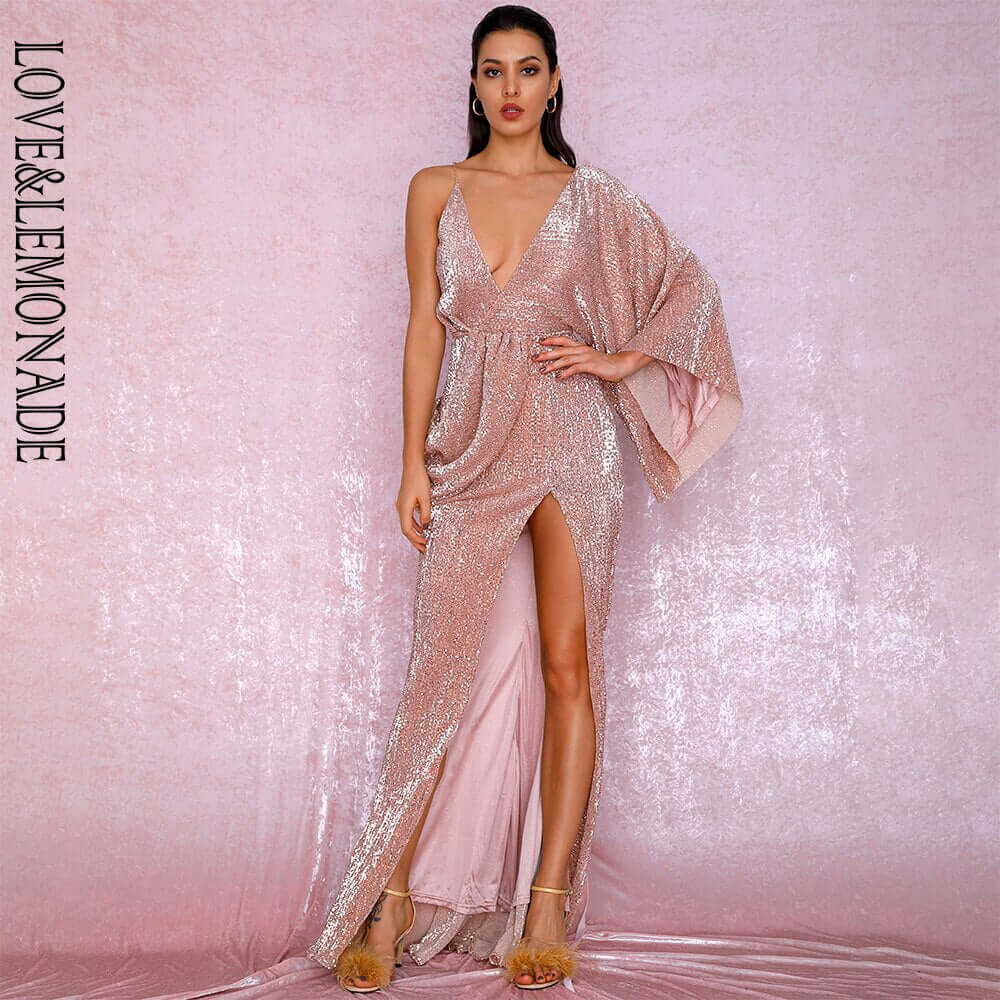 LOVE&LEMONADE Sexy Rose Gold V-Neck Single Sleeve Sequins Split Party Maxi Dress LM81848