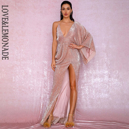 LOVE&LEMONADE Sexy Rose Gold V-Neck Single Sleeve Sequins Split Party Maxi Dress LM81848